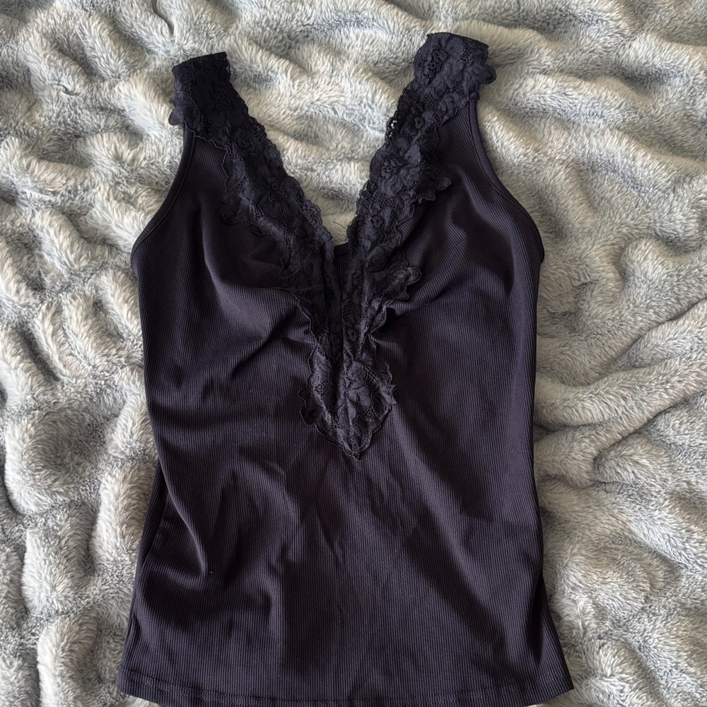 Lace-Trim Deep V Black Camisole Tank